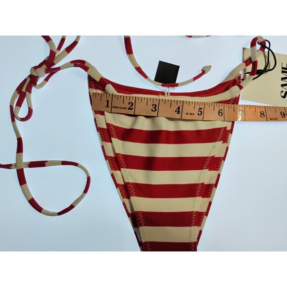 SAME LOS ANGELES Set 2pc Bikiny Swim Top Mediu Bottom High Weist Stripeed burgan - Picture 3 of 10